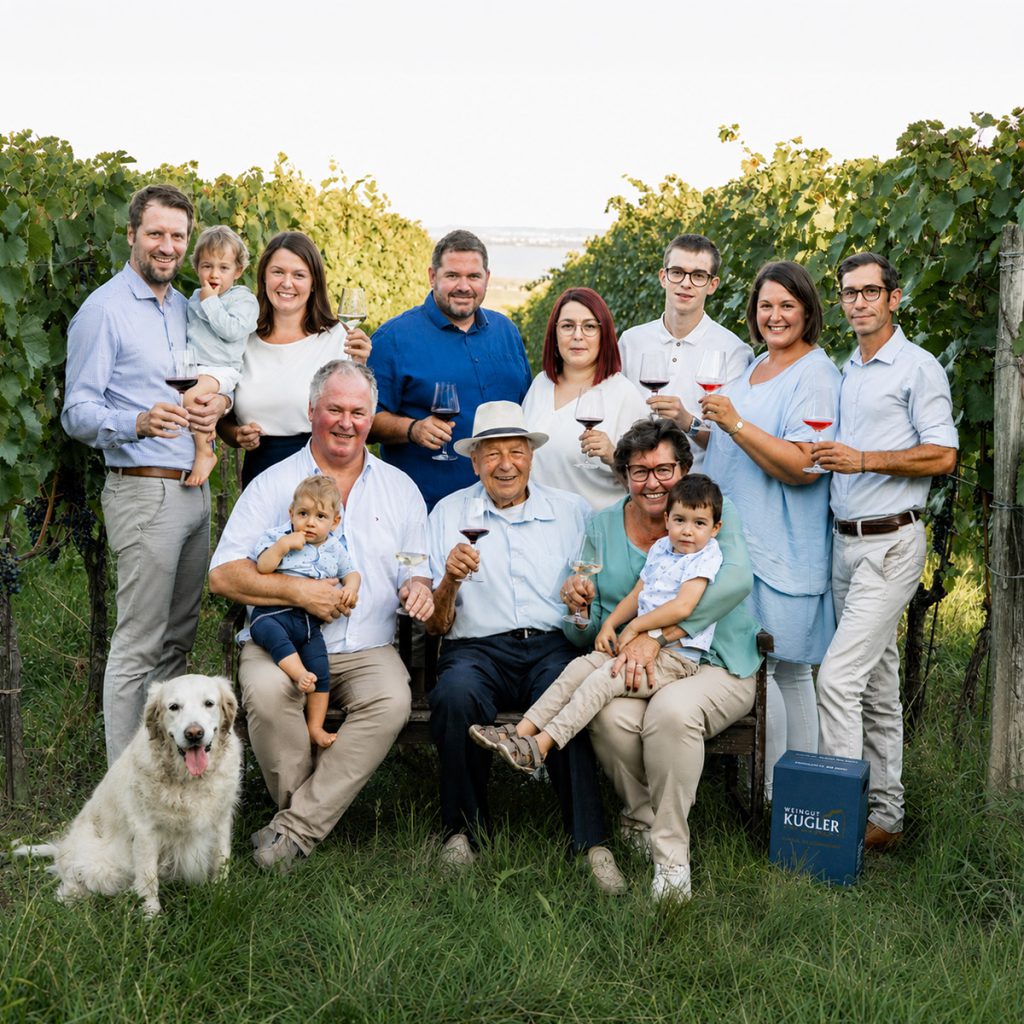 Familie Kugler vom Weingut Kugler in St. Margarethen im Burgenland, Österreich, gemeinsam im Weingarten zwischen den Rebreihen. Mehrgenerationen-Familie des familiengeführten Weinguts mit Weinbauern, Kindern und Großeltern bei der Präsentation ihrer Weine.